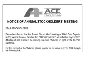 Photo of ACEMC – Tacloban to conduct annual stockholders’ meeting on July 25