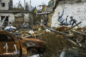 Photo of Banksy showcases new mural in war-scarred Ukrainian town